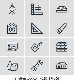 Vector illustration of 12 architecture icons line style. Editable set of plan, planning, sell house and other icon elements.