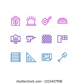 Vector illustration of 12 architecture icons line style. Editable set of tape, door with window, brick and other icon elements.