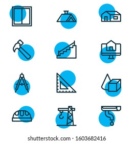 Vector illustration of 12 architecture icons line style. Editable set of compass, stairs, buy house online and other icon elements.