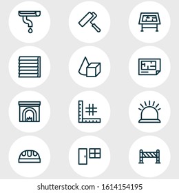 Vector illustration of 12 architecture icons line style. Editable set of painting, plan, gutter and other icon elements.