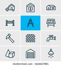 Vector illustration of 12 architecture icons line style. Editable set of drawing table, lamp, figures and other icon elements.