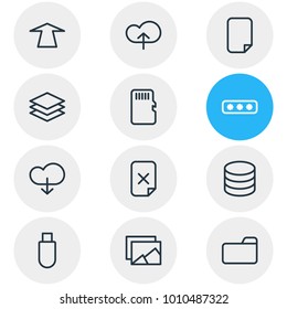 Vector illustration of 12 archive icons line style. Editable set of datacenter, upload, upward and other icon elements.