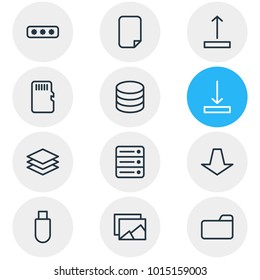 Vector illustration of 12 archive icons line style. Editable set of gallery, arrow up, download and other icon elements.