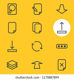 Vector illustration of 12 archive icons line style. Editable set of document, push, hard drive disk and other icon elements.