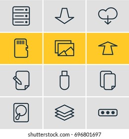 Vector Illustration Of 12 Archive Icons. Editable Pack Of Database, Cloud, Memory And Other Elements.