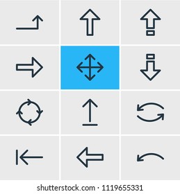 Vector illustration of 12 arrows icons line style. Editable set of rotate, left, caps lock and other icon elements.