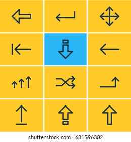 Vector Illustration Of 12 Arrows Icons. Editable Pack Of Submit, Turn, Down And Other Elements.