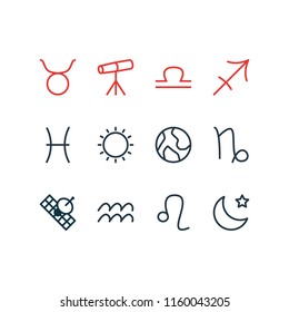 Vector illustration of 12 astrology icons line style. Editable set of taurus, earth, pisces and other icon elements.