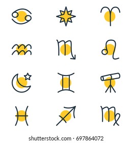 Vector Illustration Of 12 Astrology Icons. Editable Pack Of Archer, Twins, Zodiac Sign And Other Elements.