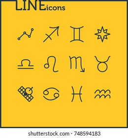 Vector Illustration Of 12 Astrology Icons. Editable Pack Of Zodiac Sign, Fishes, Twins And Other Elements.