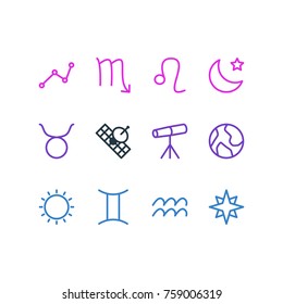 Vector Illustration Of 12 Astrology Outline Icons. Editable Set Of Planet, Geometric, Sunny And Other Elements.
