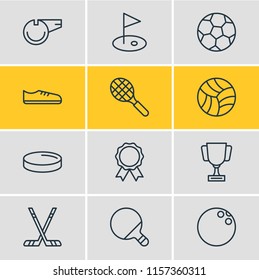 Vector illustration of 12 athletic icons line style. Editable set of football, pennant, ping and other icon elements.