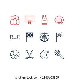 Vector illustration of 12 athletic icons line style. Editable set of pins, stopwatch, flag and other icon elements.