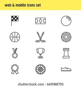 Vector Illustration Of 12 Athletic Icons. Editable Pack Of Finish, Target, Kegling And Other Elements.