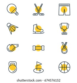 Vector Illustration Of 12 Athletic Icons. Editable Pack Of Pong, Badminton, Reward And Other Elements.