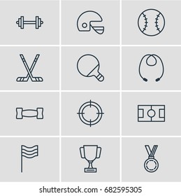 Vector Illustration Of 12 Athletic Icons. Editable Pack Of Sniper, Helmet, Reward And Other Elements.