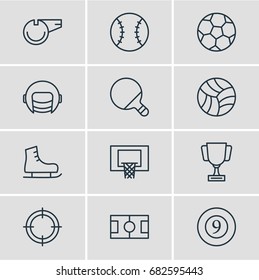 Vector Illustration Of 12 Athletic Icons. Editable Pack Of Game, Cue, Football And Other Elements.