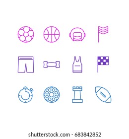 Vector Illustration Of 12 Athletic Icons. Editable Pack Of Dumbbell, Touchdown, Second And Other Elements.