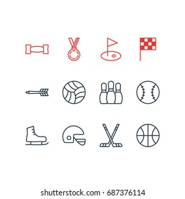 Vector Illustration Of 12 Athletic Icons. Editable Pack Of Reward, Ice Boot, Helmet And Other Elements.