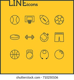 Vector Illustration Of 12 Athletic Icons. Editable Pack Of Puck, Weight, Kegling And Other Elements.