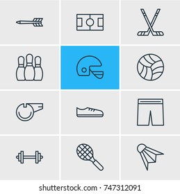 Vector Illustration Of 12 Athletic Icons. Editable Pack Of Gumshoes, Rocket, Barbell And Other Elements.