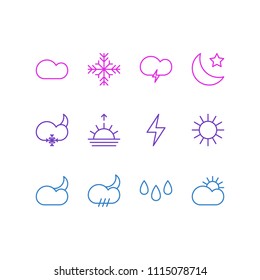 Vector illustration of 12 atmosphere icons line style. Editable set of stormy, sunrise, snowflake and other icon elements.