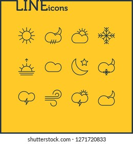 Vector illustration of 12 atmosphere icons line style. Editable set of wind, night, snowflake and other icon elements.