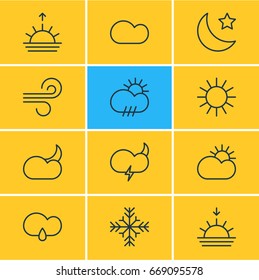 Vector Illustration Of 12 Atmosphere Icons. Editable Pack Of Breeze, Rain, Sun And Other Elements.