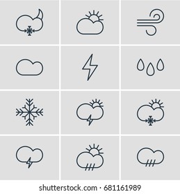 Vector Illustration Of 12 Atmosphere Icons. Editable Pack Of Windstorm, Snow, Lightning And Other Elements.