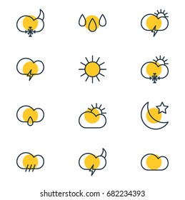 Vector Illustration Of 12 Atmosphere Icons. Editable Pack Of Sunny, Weather, Cloudy And Other Elements.
