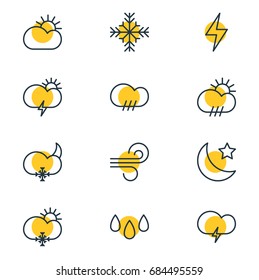 Vector Illustration Of 12 Atmosphere Icons. Editable Pack Of Snow, Windstorm, Crescent And Other Elements.