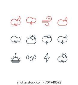 Vector Illustration Of 12 Atmosphere Icons. Editable Pack Of Sun, Rainy, Lightning And Other Elements.
