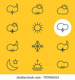 Vector Illustration Of 12 Atmosphere Icons. Editable Pack Of Sunlight, Crescent, Sunrise And Other Elements.