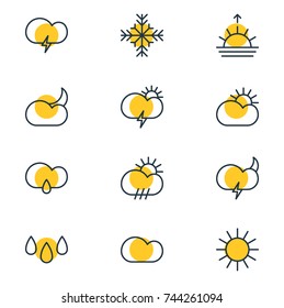 Vector Illustration Of 12 Atmosphere Icons. Editable Pack Of Snow, Drizzles, Cloudy And Other Elements.