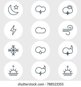 Vector illustration of 12 atmosphere icons line style. Editable set of crescent, lightning, snow and other elements.
