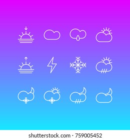 Vector Illustration Of 12 Atmosphere Outline Icons. Editable Set Of Sun, Drizzles, Snow And Other Elements.