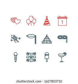Vector illustration of 12 banquet icons line style. Editable set of birthday cake, party hat, heart and other icon elements.