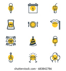 Vector Illustration Of 12 Banquet Icons. Editable Pack Of Cutlery, Decoration, Engagement And Other Elements.