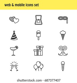 Vector Illustration Of 12 Banquet Icons. Editable Pack Of Man Style, Decoration, Masquerade And Other Elements.