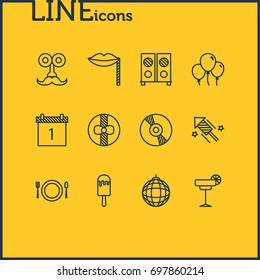 Vector Illustration Of 12 Banquet Icons. Editable Pack Of Speaker, Man Style, Nightclub Ball And Other Elements.