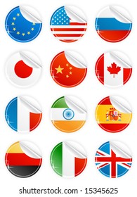 Vector illustration of 12 beautiful modern sticky peeling national icons. EU, USA, Russia, Japan, China, Canada, France, India, Spain, Germany, Italy and United Kingdom.