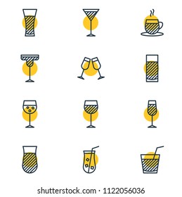 Vector illustration of 12 beverage icons line style. Editable set of alcohol, lemonade, wineglass and other icon elements.