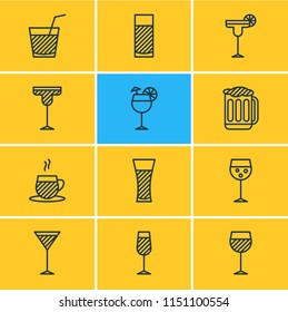 Vector illustration of 12 beverage icons line style. Editable set of margarita, goblet, water glass and other icon elements.