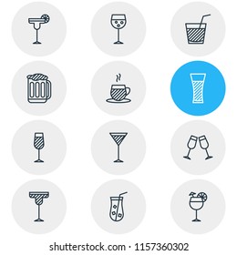 Vector illustration of 12 beverage icons line style. Editable set of drink, juice, cappuccino and other icon elements.