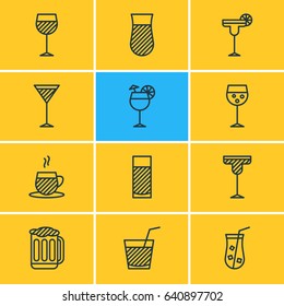 Vector Illustration Of 12 Beverage Icons. Editable Pack Of Drink, Aqua, Juice And Other Elements.