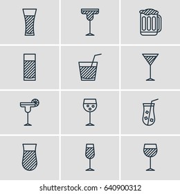 Vector Illustration Of 12 Beverage Icons. Editable Pack Of Goblet, Wineglass, Lemonade And Other Elements.