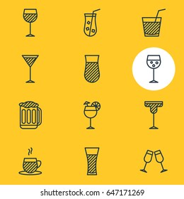 Vector Illustration Of 12 Beverage Icons. Editable Pack Of Cocktail, Drink, Martini And Other Elements.