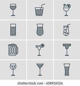 Vector Illustration Of 12 Beverage Icons. Editable Pack Of Aqua, Lemonade, Juice And Other Elements.