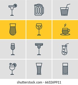 Vector Illustration Of 12 Beverage Icons. Editable Pack Of Glass, Goblet, Tea Cup And Other Elements.