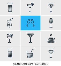 Vector Illustration Of 12 Beverage Icons. Editable Pack Of Lemonade, Margarita, Celebrate And Other Elements.